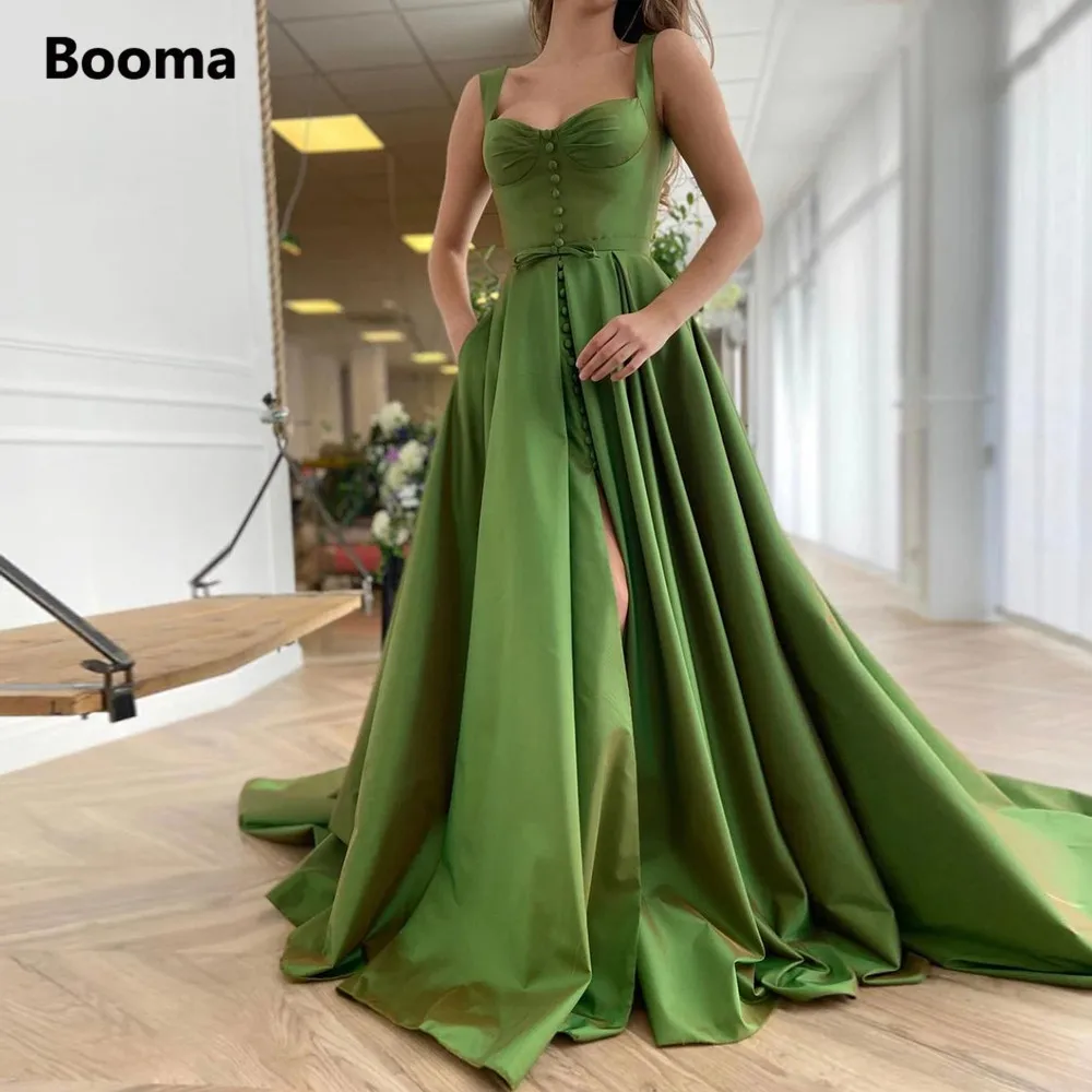 Booma Green Taffeta Prom Dresses Spaghetti Straps Buttoned High Split Evening Dresses Bow Belt A-Line Long Formal Party Gowns