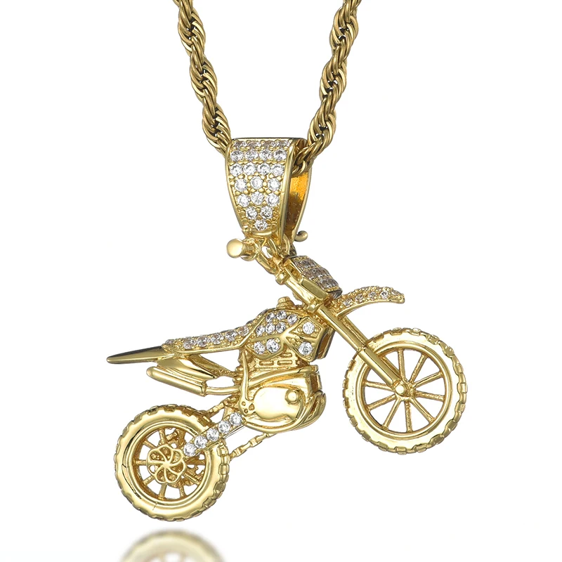 HIP Hop Full AAA Iced Out Bling CZ Cubic Zircon Copper Motorcycle Pendants & Necklaces For Men Jewelry With Tennis Chain