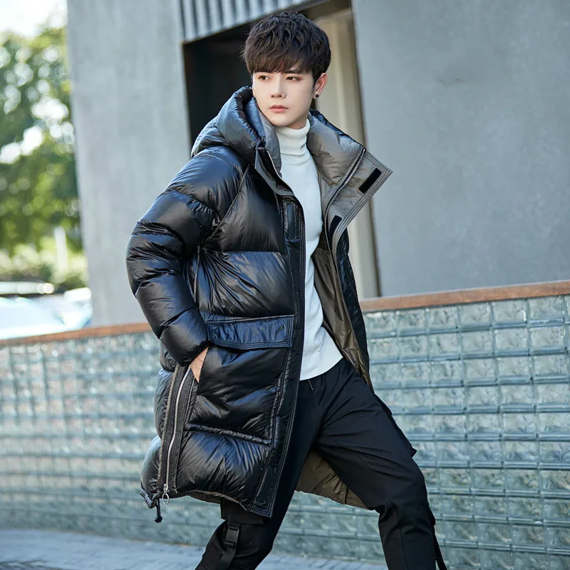 New Down Jacket Mens Long Type Thickening Winter Coat Trendy Handsome Warm Hooded White Duck Down