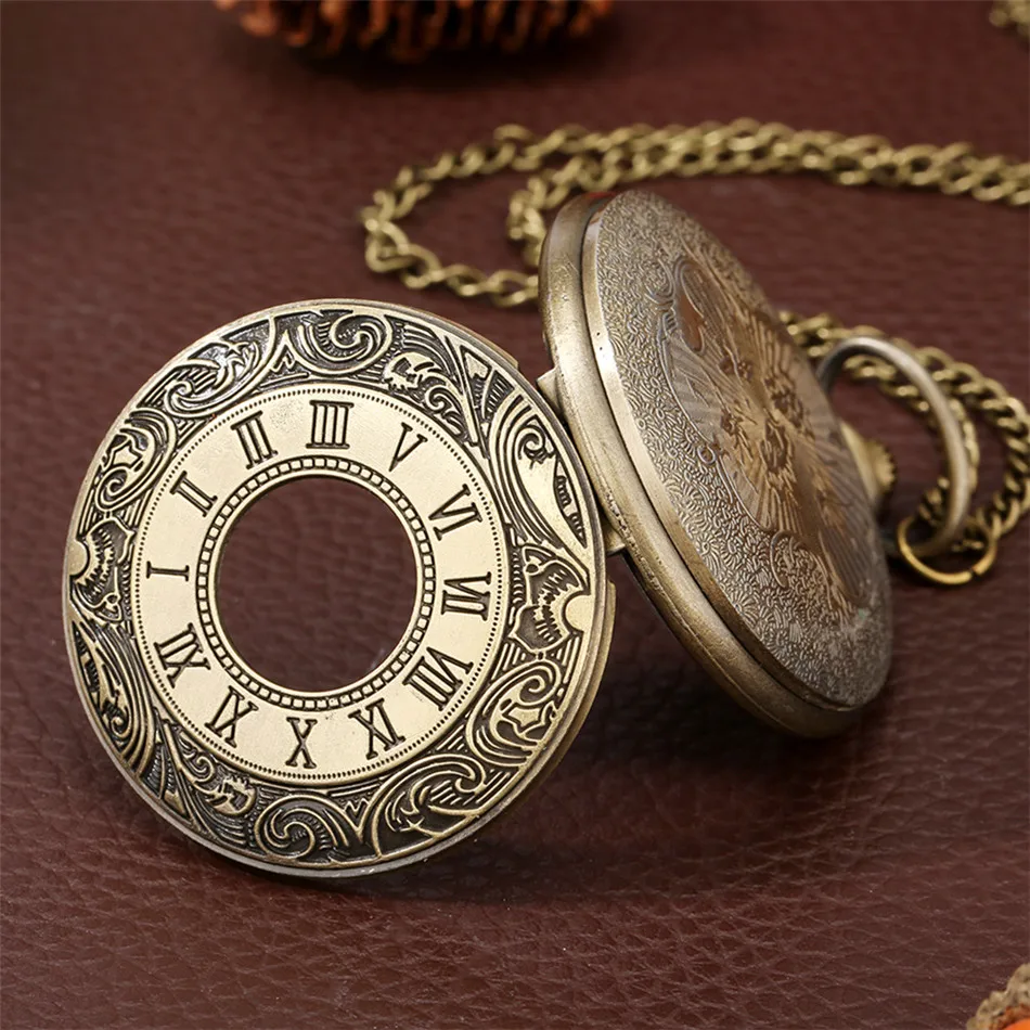 Bronze Engraved Roman Numerals Hollow Quartz Pocket Watch Classic Antique Necklace Pendant Clock Gifts with Chain