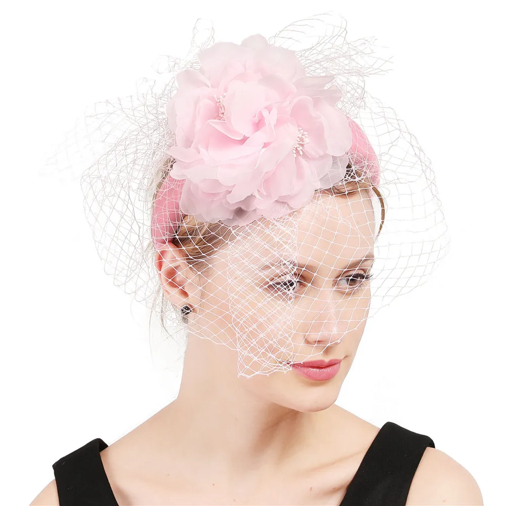 

Women Silk Flowers Wedding Party Fascinator Headbands Ladies Pink Hair Accessories Elegant Show Race Millinery Bridal Headawear