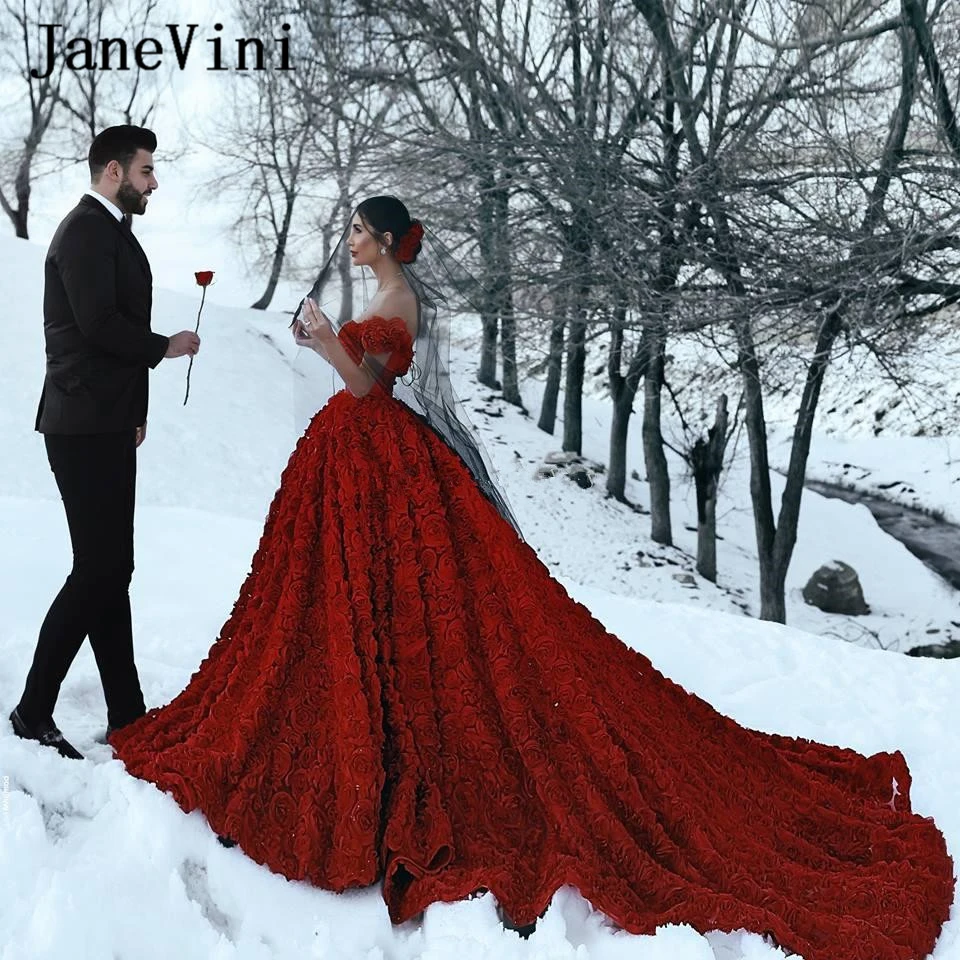 

JaneVini Gorgeous Dark Red Long Wedding Dresses Off Shoulder 3D Rose Flowers Backless Luxury Arabic Bridal Gowns Cathedral Train