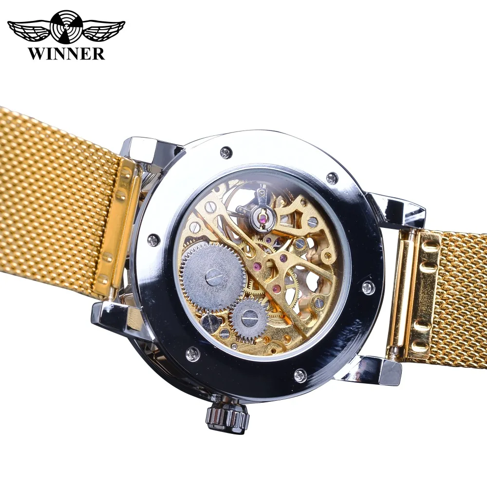 Winner Classic Golden Hand Wind Mechainical Man Wristwatch Top Brand Luxury Rhinestone Fashion Skeleton Business Erkek Kol Saati