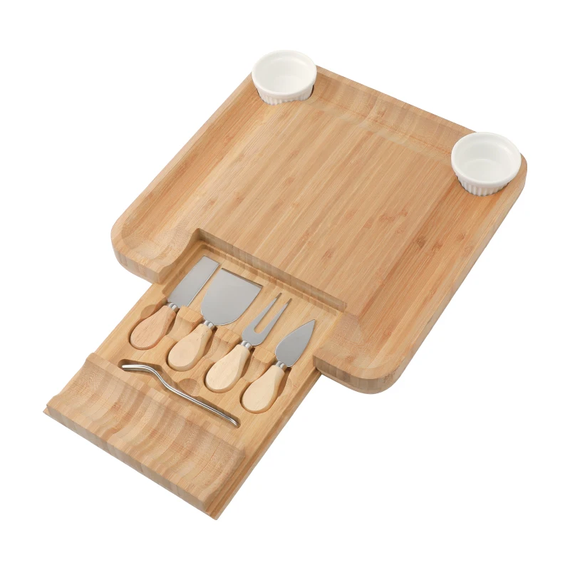 

Wooden Handle Knives Cheese Board Set Knife Slicer Fork Scoop Cutter Useful Cooking Tools With Bamboo Cutting Board M5180