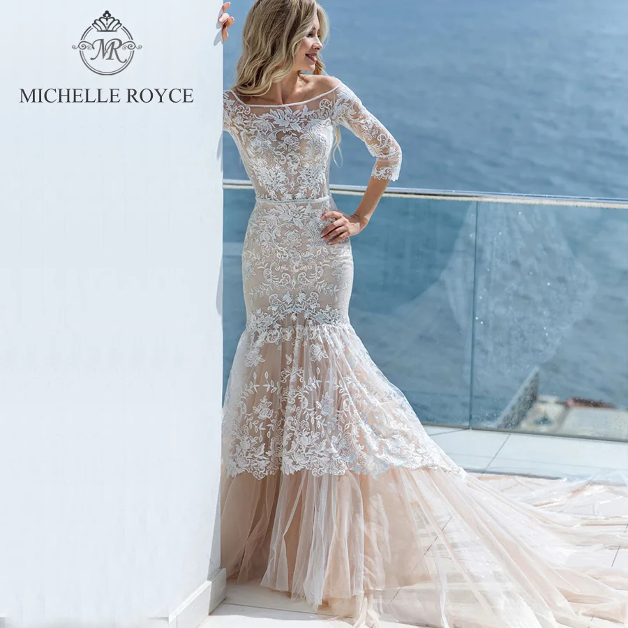 Michelle Royce Mermaid Wedding Dresses 2020 Boat Neck Cut-out Three Quarter Appliques Chapel Train Beach  Vestido De Novia