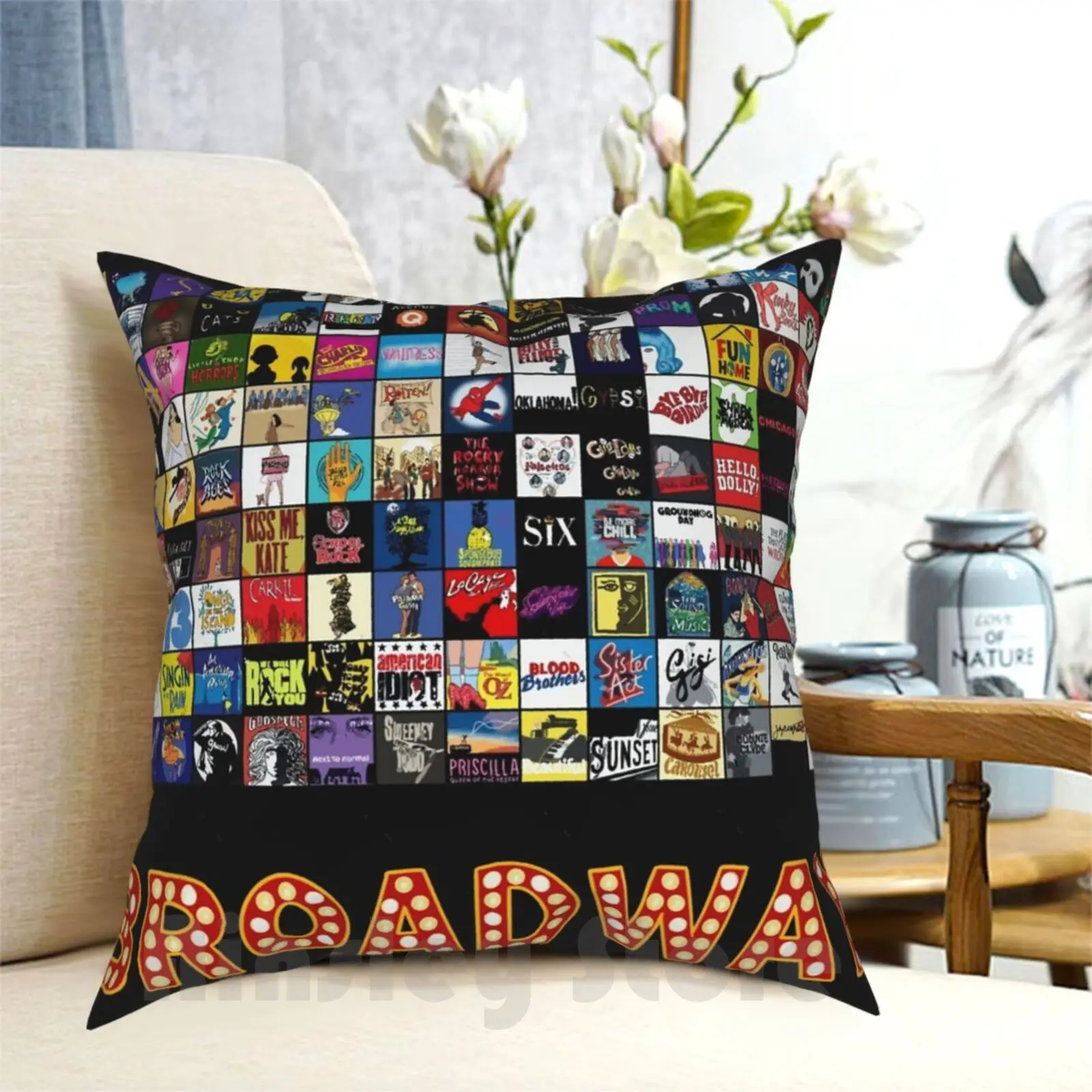 Broadway Musical Theatre Logos-Hand Drawn Pillow Case Printed Home Soft Throw Pillow Broadway Musical Theatre Logos Hand