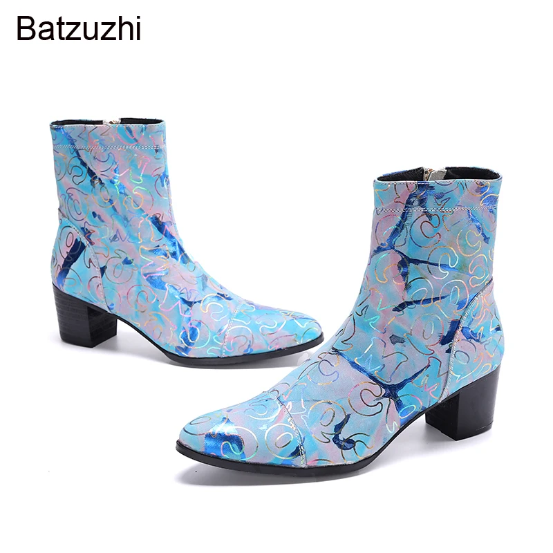 

Batzuzhi 7.5cm High Heels Boots Men Personality Rock Men's Genuine Leather Ankle Boots for Party and Wedding Botas Hombre