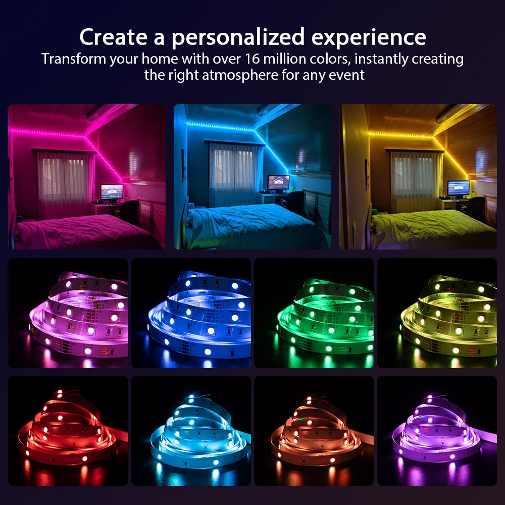 ColorRGB, LED RGB Strip Light,  APP Control Color Changing LED SMD 5050 RGB Light Strips with RF Remote For for Rooms, Party