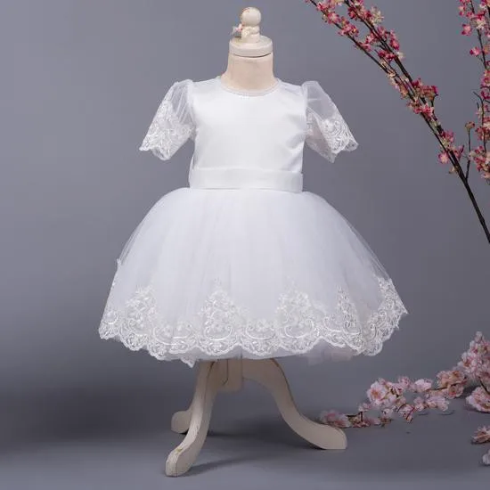 Vestido de renda branca de tule até o joelho, vestido de batizado infantil de princesa para meninas, vestido de festa floral