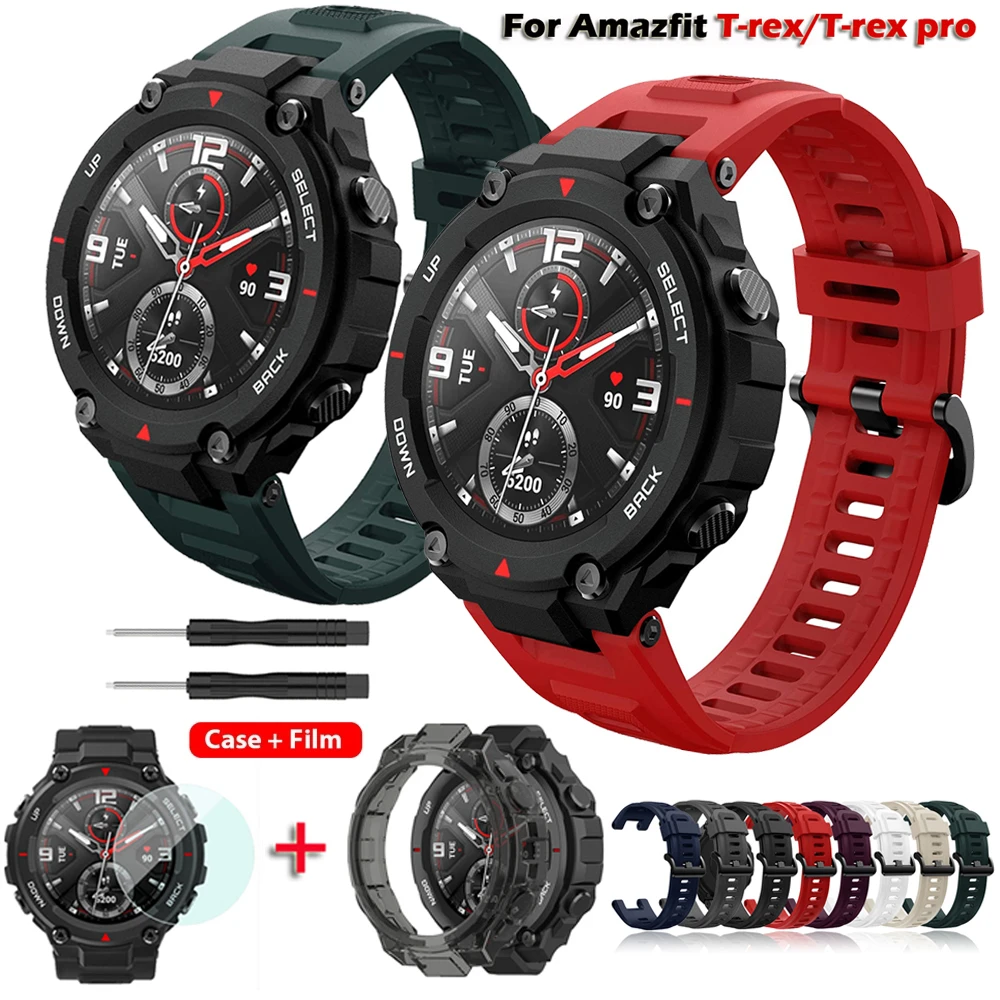 Silicone Watch Strap For Amazfit T rex Strap Replacement Strap For Amazfit T Rex Pro Strap With Protector Case Protector Film