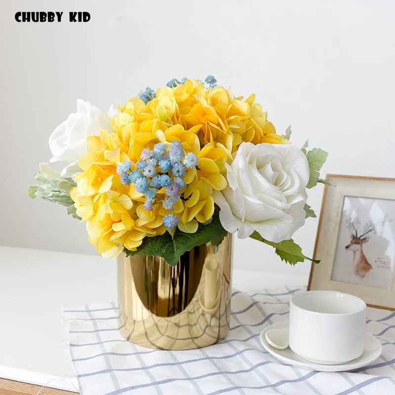 High simulation artificial rose Hydrangea Floral fake flower arrangements set silk flower bouquet Table flower