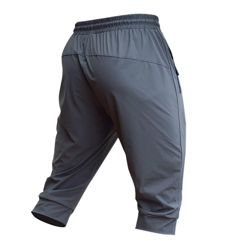 Men Running Cropped Pants Ice silk Summer Ice silk Quick Dry Training Fitness Zip Pocket Joggings Pant Male Gym 3/4 Sweatpants