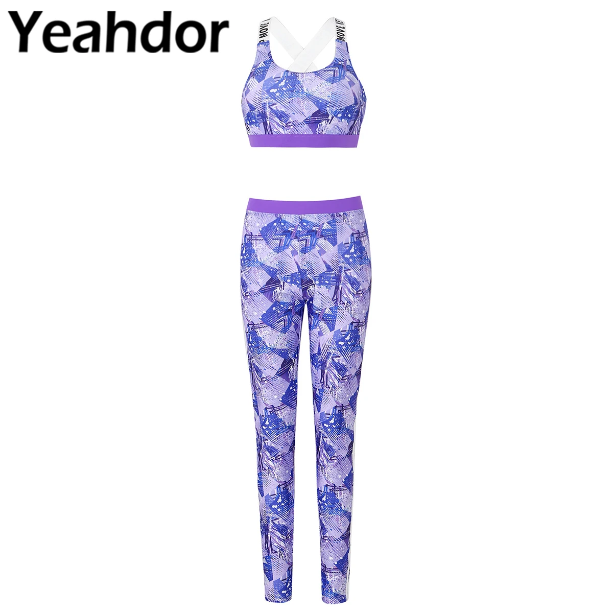 2021 Women Summer Sportwear Dancewear Geometric Printed Sports Gym Yoga Outfit Cross Back Cropped Tank Top with Leggings Set