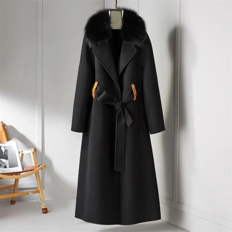 

Aorice Women Winter Wool Blends Coat Jacket 2021 New Femail Girl Long Real Fox Fur Coats Parka Trench Z21173