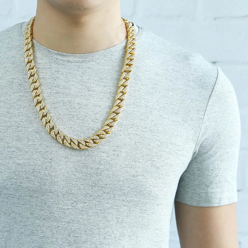 Men's Hip Hop Necklace Gold Color Miami Cuban Link Chain Necklace Male Jewelry Dropshipping Gifts for Men 14mm 24inch KGN455