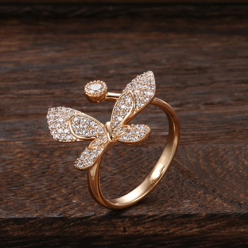 Romantic Twinkle Cute Bow Women's Ring Luxury 585 Rose Gold Color Butterfly Cocktail Ring Trend Natural Zircon Pave Setting