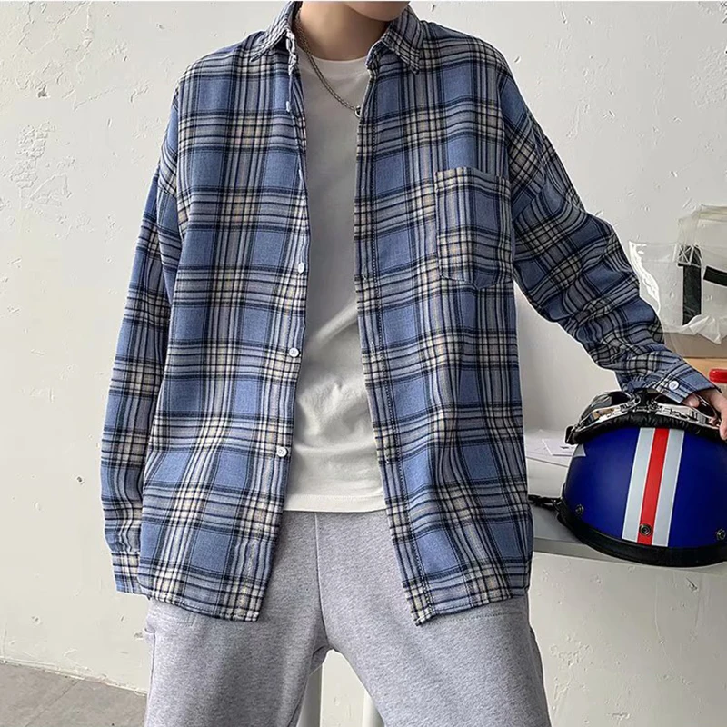 Long Sleeve Plaid Shirts Men Autumn Big Size M-3XL Chic Loose Vintage Panelled High Street All-match Gentleman Camisa Harajuku