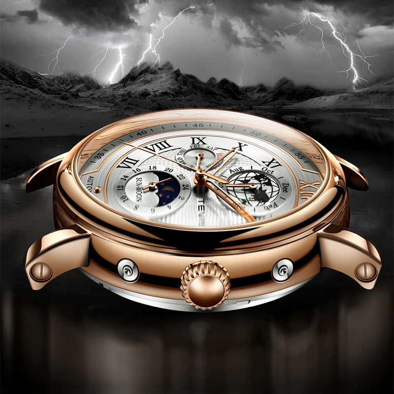 2024 TEVISE Business Waterproof Mens Mechanical Watches Top Brand Luxury Leather Watch For Men Moon Phase Automatic Wristwatch