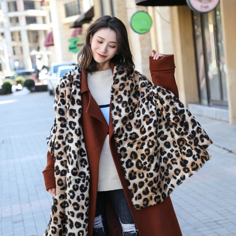 Fashion Imitation Cashmere Women Vintage Double Sided Leopard Scarf Winter Warm Shawl Long Wrap Knitted Female Thick Blanket