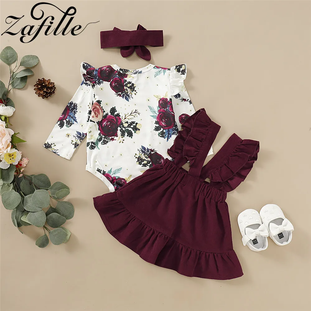 ZAFILLE Winter Baby Romper Set For Newborns Girl Clothes Floral Bodysuit+Suspender Skirts+Headband Baby Suits Outfits Kids Dress