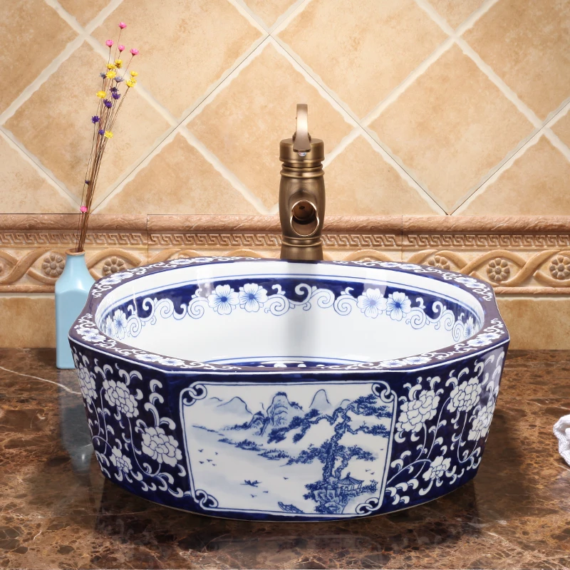 

Good quality porcelain ceramic sinks for bathroom sink ceramic wash basin blue and white