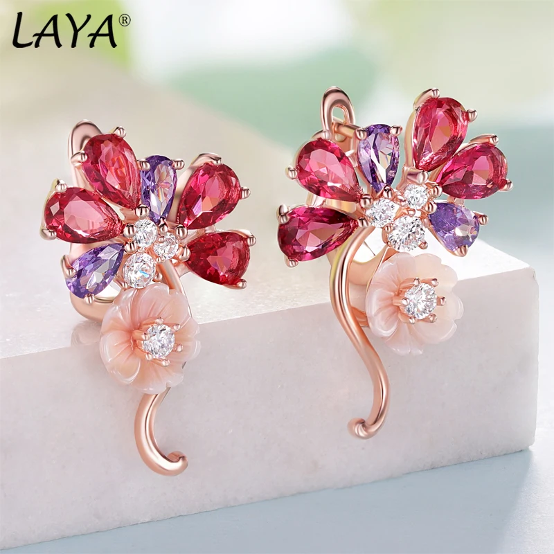 LAYA Drop Earrings And Ring 925 Sterling Silver Bohemian Shining Zircon Black Pink Flower Party Bridal Wedding Jewelry Sets