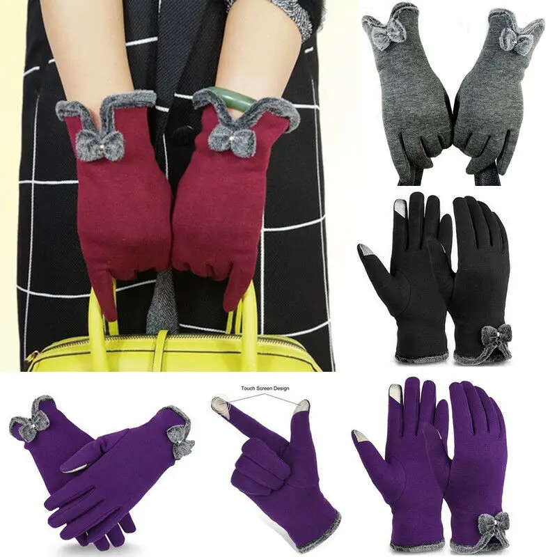 

2020 New winter woman Kashmir lace warm three ribs cute bear gloves double thick women doll toys touch screen driving gloves