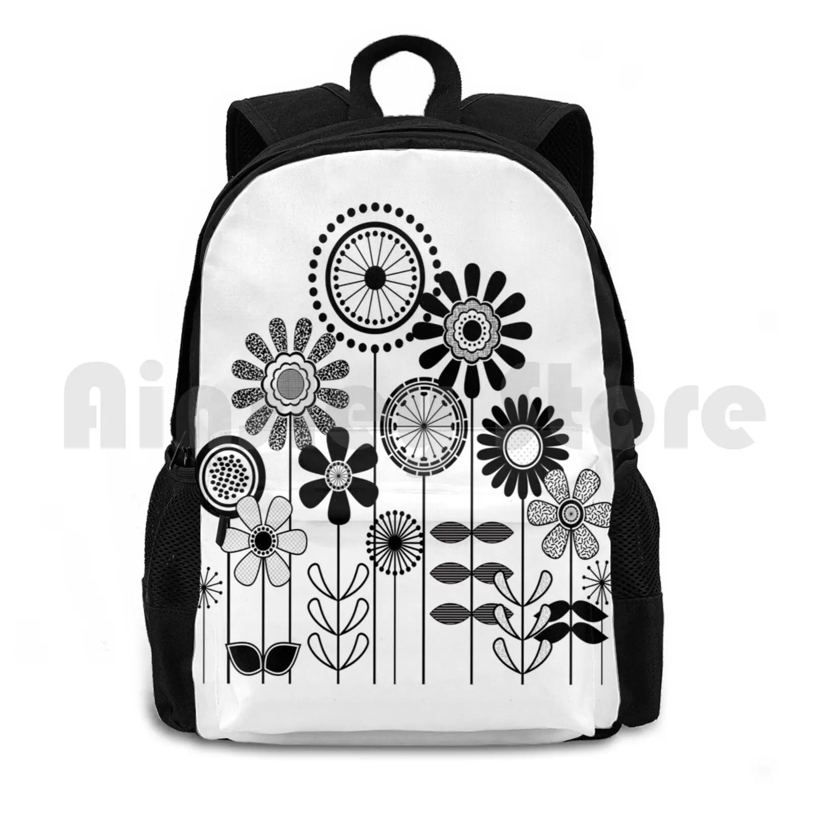 Cute Flower Mid Century Modern Print-Black And White Floral Print Outdoor Hiking Backpack Waterproof Camping Travel Black White