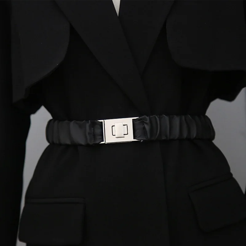 

Fashion Leather Elastic Belt For Women Metal Buckle Waist Strap Luxury Designer Brand Female Coat Dress Decorated Waistband