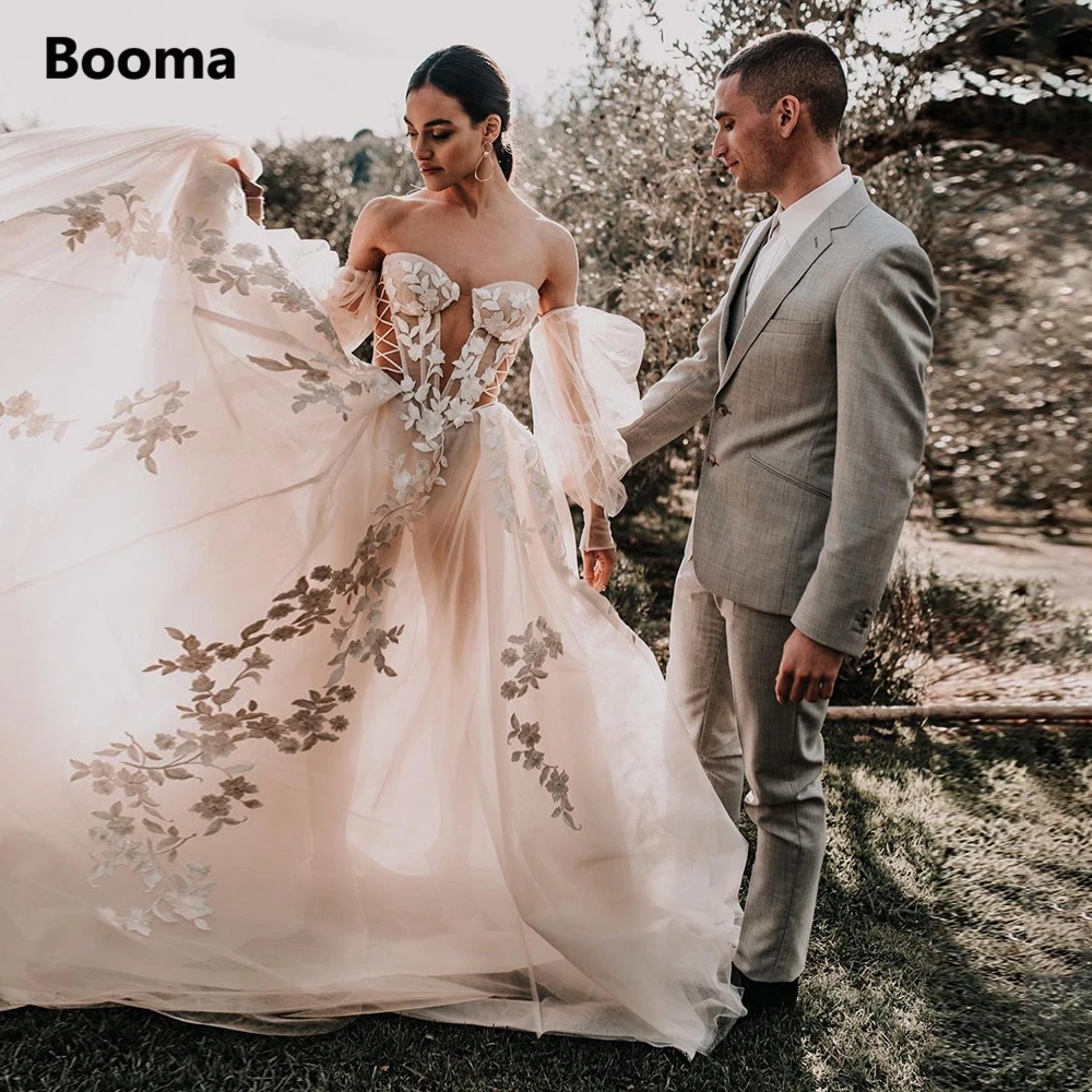 Booma 2022 Floral Apliques Princesa Vestidos De Casamento Mangas Destacáveis Ilusão Criss Cross Bandagem Plissada Praia Vestidos De Noiva