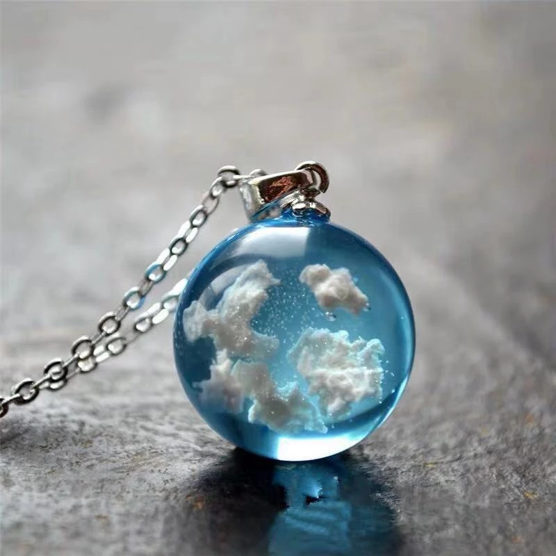 Transparent Blue Sky White Cloud Ball Pendant Necklace For Women Girls Fashion Jewelry