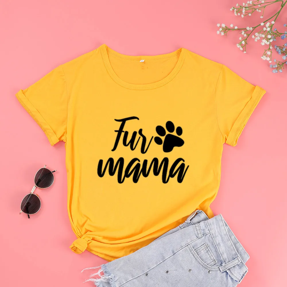 Fur Mama Paw Graphic Mom Mama Shirt Korean Cotton Women Tshirt Funny Letter Print Short Sleeve Tops Female O Neck Mother Tees