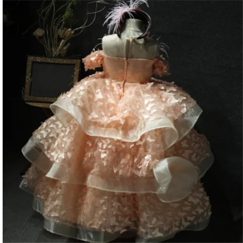 Robe longue à fleurs pour filles de 1 à 14 ans, haute qualité, col transparent, motifs papillons faits à la main, vêtements d'anniversaire pour enfants, 100% vrai