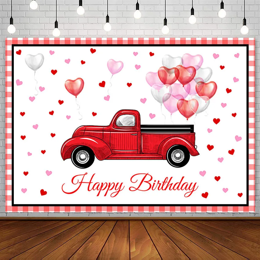 

Happy Birthday Backdrop Red Truck Pink Balloon Girl Princess Party Banner Decor Photography Background Photo Studio Photocall