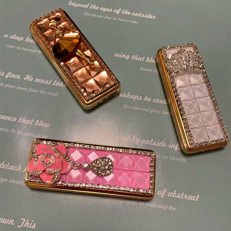 Bling USB Charging Lighter Cigarette Case Creative Metal Rhinestone Diamond Windproof Slim Light Ultra-thin Fashion Women Gifts