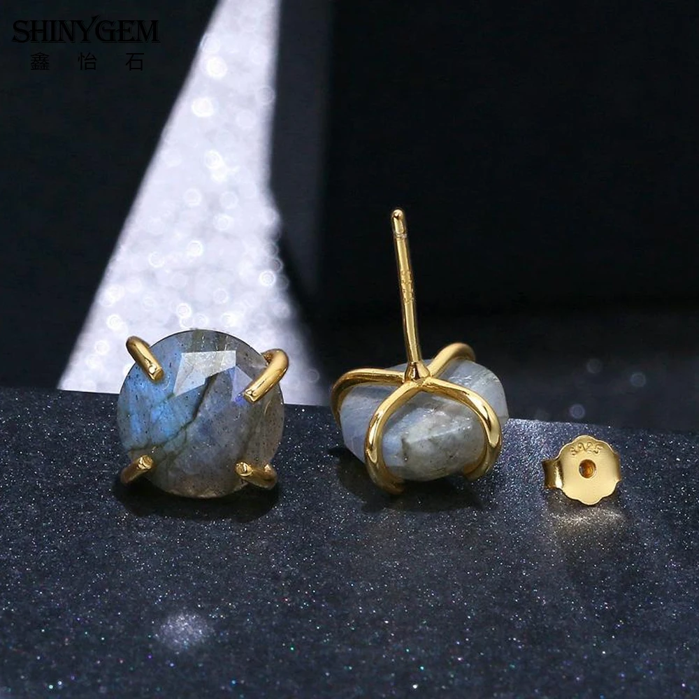 ShinyGem Elegant Cute 10*10mm Natural Labradorite Stud Earrings 925 Silver Gold Plating Charm Grey Gem Stone For Women