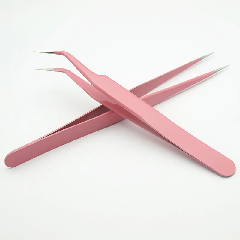 EasyNail 2PCS Pink Straight & Curved Tweezer For Eyelash Extensions Nail Art Nippers Hot Sell.