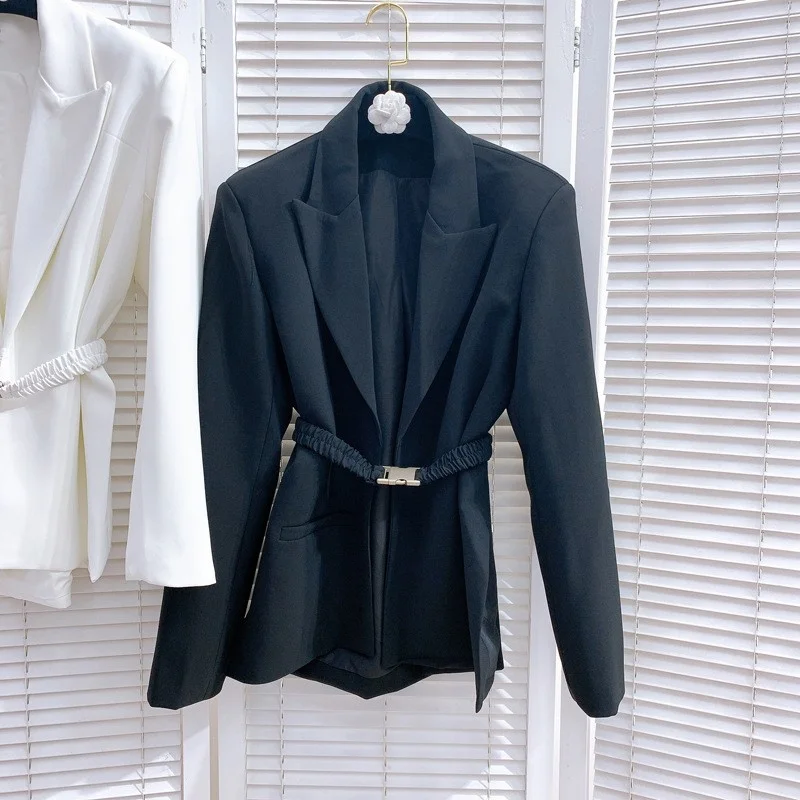 White Designer Black Blazer Coat Women Spring Autumn Long Sleeve Chiffon Suit Jacket Fashion Office Lady Sashes Elegant Blazers