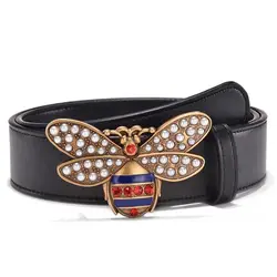 Real Leather Belt Women Famous Crystal Bee Smooth Buckle Black Belt Men High Quality Smooth Cowhide Belt Strap 100-125cm L