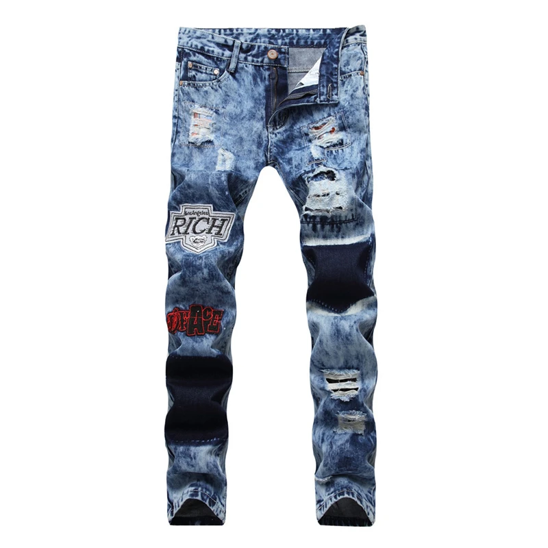 

New Young Men's Brand Fashion Casual Stretch Slim Patch Snowflake Jeans Classic Cowboy Trousers Male Hole Denim Pants