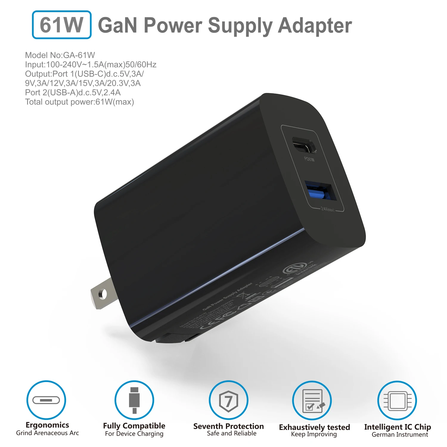 61W 2-Port USB C GaN Charger PD Power Adapter for iPhone for Galaxy USB C Laptops and More Wall Charger Portable Phone Charger