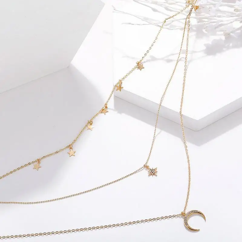 Glamour Necklace 2020 Fashion New Simple Temperament Eight Mans Star Crescent Pentagram Ms. Three-layer Necklace Gift