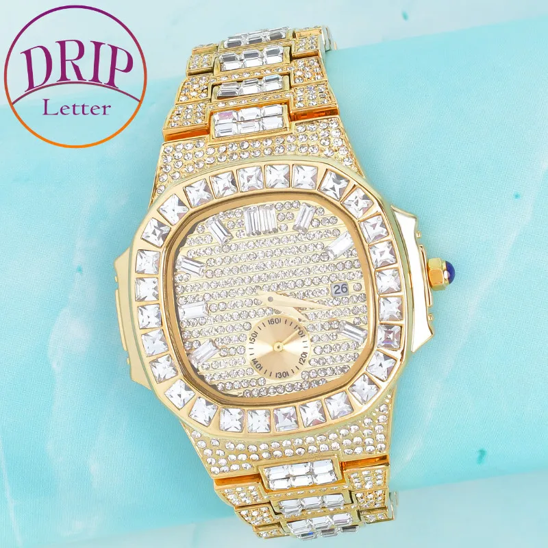 Drip Letter Watch for Men Baguett Rhinestone Square Clock Luxury Business Waterproof Hip Hop Gold Color Fashion Jewelry