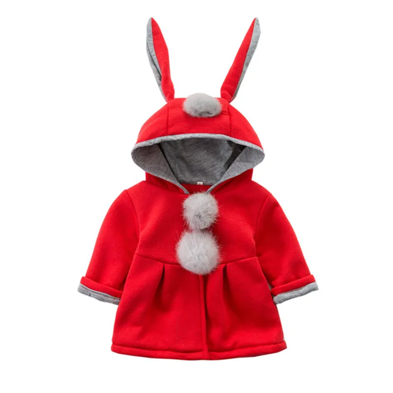 

2023 Children's coat Autumn Winter New Girl David Jacket Long Solid color Cute Cartoon Rabbit Ears Hooded Coat 0-5Y