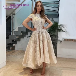 Luxury High Neck Asymmetrical Evening Dresses 2020 Cap Sleeves Lace Beading  Muslim Prom Gowns For Women