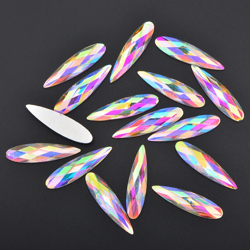 JUNAO 20Pcs 9*36mm Large Crystal AB Teardrop Rhinestone Flat Back Glue On Acrylic Strass Applique Non Hotfix Crystal Stones