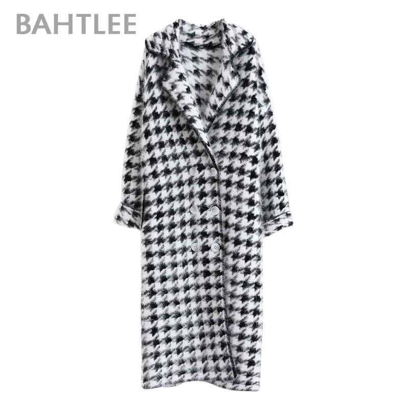 BAHTLEE-Women\'s Angora Long Coat, Houndstooth Pattern Sweater, Wool Knitted Cardigans, Turn Down Collar, Long Sleeves, Winter