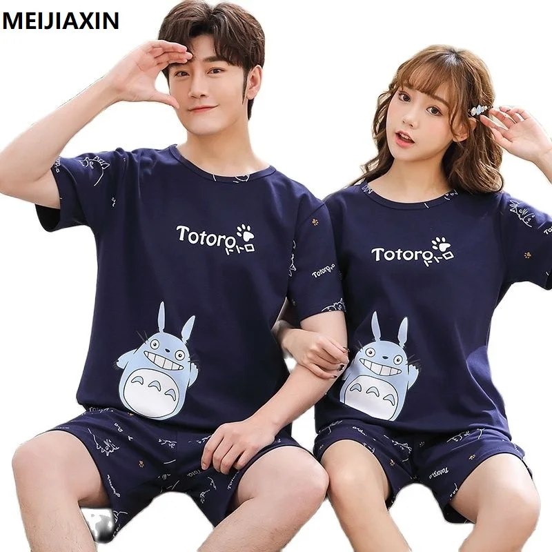 Summer Cotton Women Pajamas Set Cartoon Pijama Mujer Men Short Sleeve Casual Sweet Cute Sleepwear M-4XL Couple Pyjamas