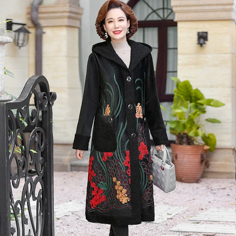 2021 Autumn winter women\'s Embroidery flowers plush velvet Thick Long Jacket Overcoat Female retro hooded Warm Trench Coats