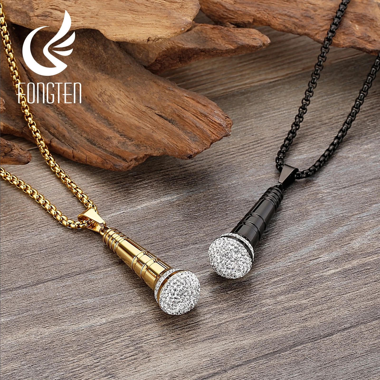 Fongten Microphone Men\'s Necklace Stainless Steel Inlaid Rhinestone Metal Pendant Necklace For Women Men Multiple Color Jewelry